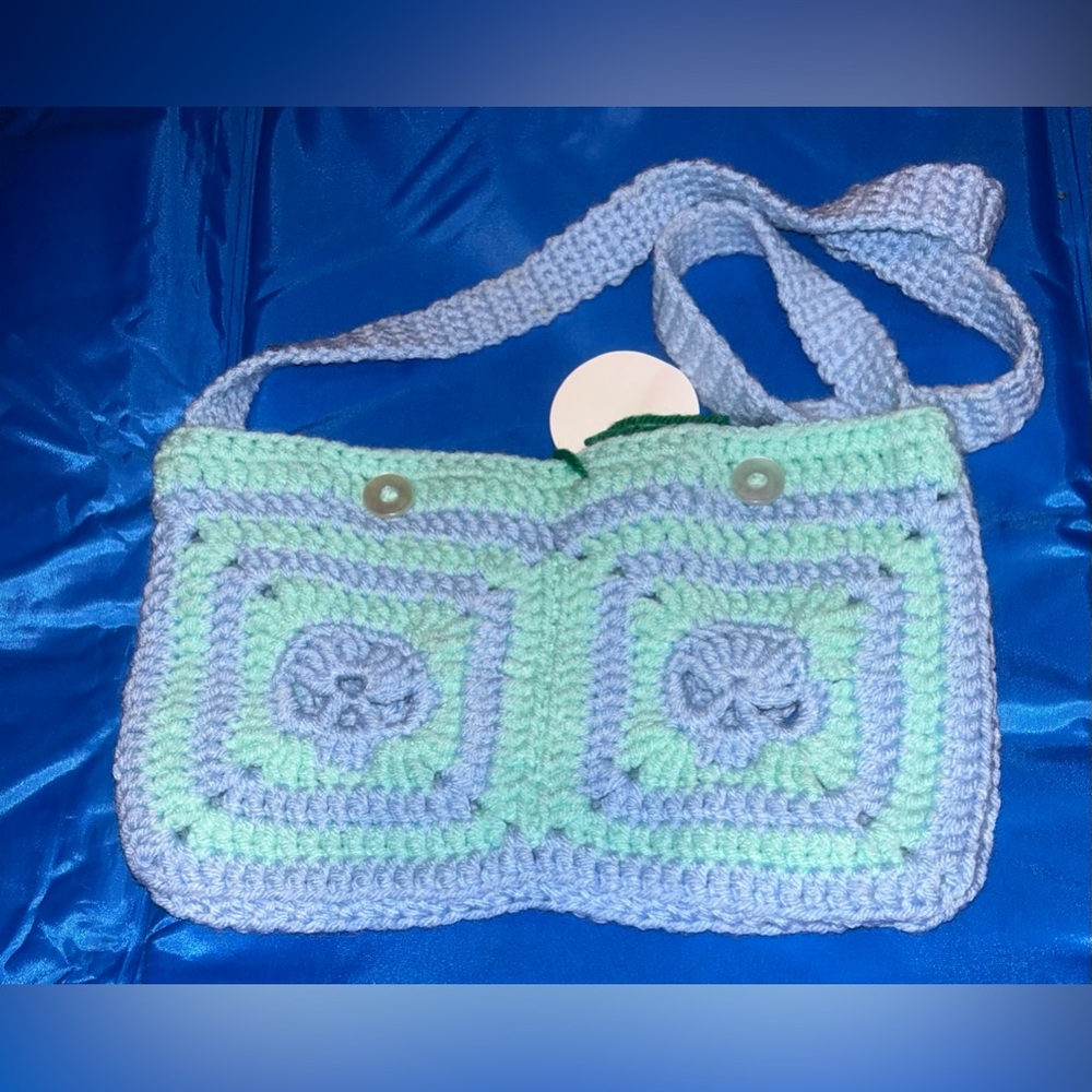 Hand made, granny square, small bag, purse, skulls,